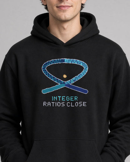 Black Lissajous physics hoodie, pixel-art Lissajous figure 3:2 phase π/2 design, worn by a model, front close-up