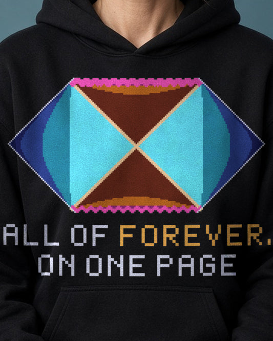 Black Penrose Diagram physics hoodie, pixel-art Schwarzschild spacetime design, worn by a model, front close-up