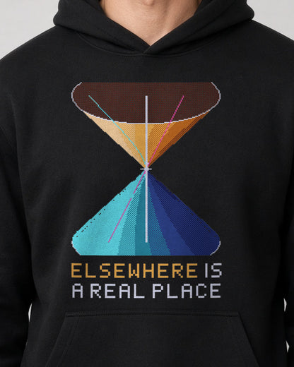 Black Light Cone physics hoodie, pixel-art spacetime light cone design, worn by a model, front close-up
