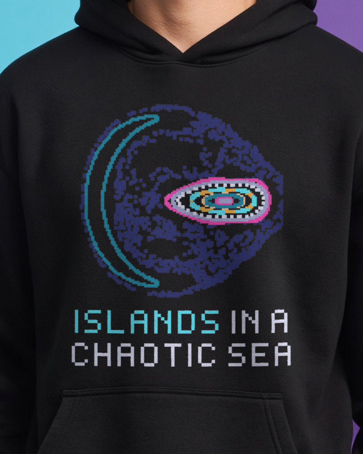 Black Poincaré Section physics hoodie, pixel-art Hénon–Heiles Poincaré section design, worn by a model, front close-up