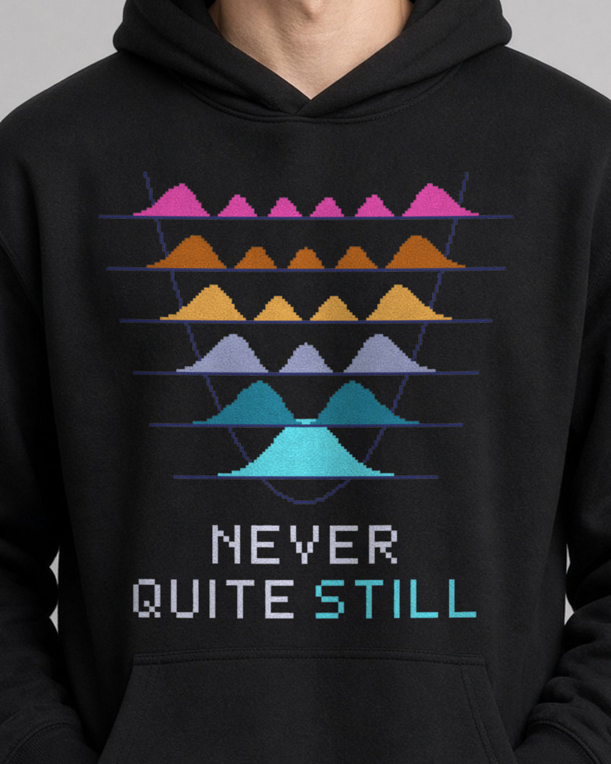 Black Quantum Oscillator physics hoodie, pixel-art quantum harmonic oscillator design, worn by a model, front close-up