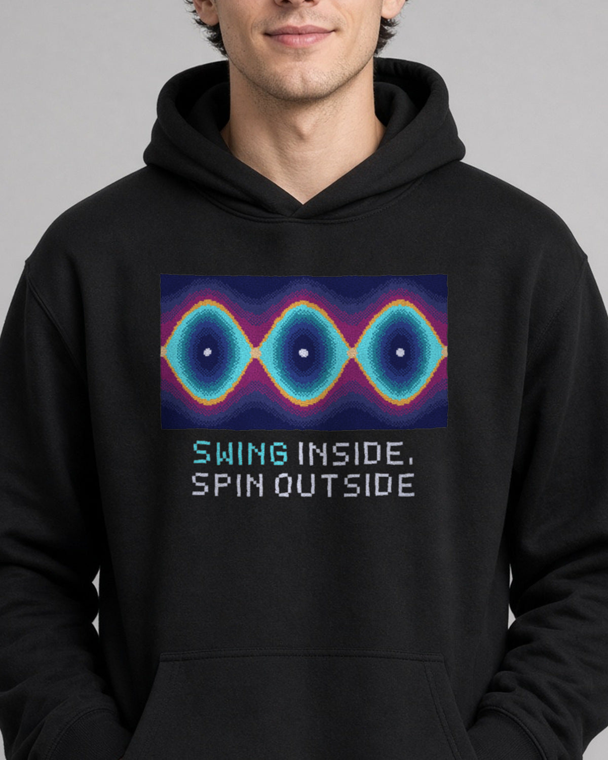 Black Pendulum Phase Space physics hoodie, pixel-art pendulum phase portrait design, worn by a model, front close-up