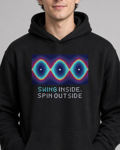 Black Pendulum Phase Space physics hoodie, pixel-art pendulum phase portrait design, worn by a model, front close-up