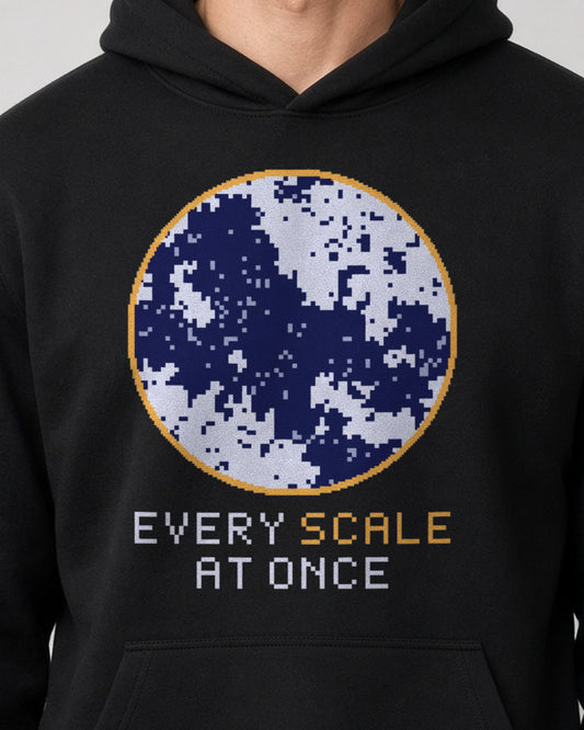 Black Ising Model physics hoodie, pixel-art Ising model at the critical point design, worn by a model, front close-up