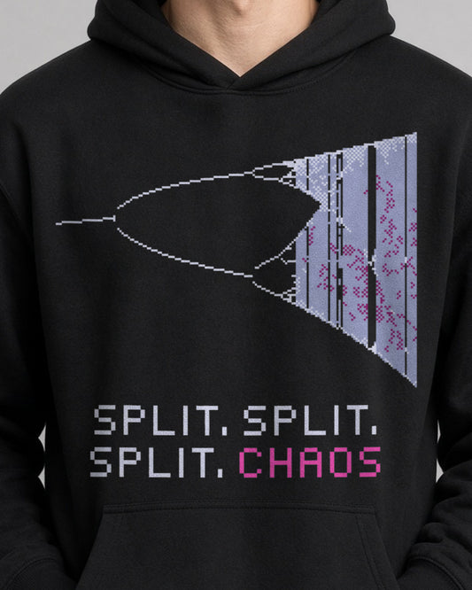 Black Bifurcation physics hoodie, pixel-art logistic map period doubling design, worn by a model, front close-up