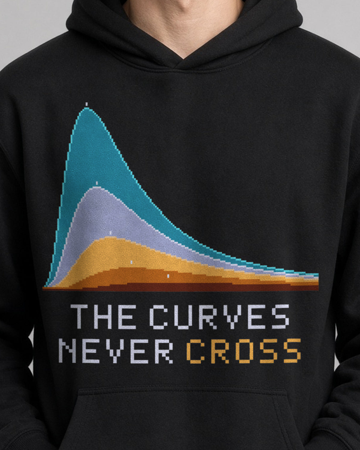 Black Blackbody physics hoodie, pixel-art blackbody radiation design, worn by a model, front close-up