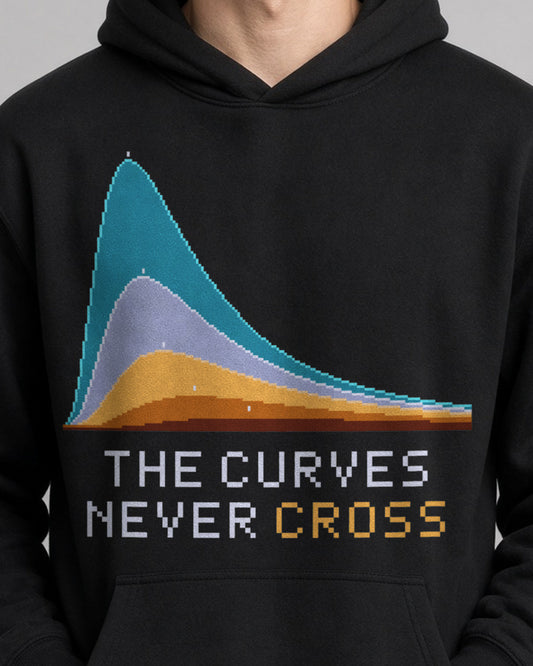 Black Blackbody physics hoodie, pixel-art blackbody radiation design, worn by a model, front close-up