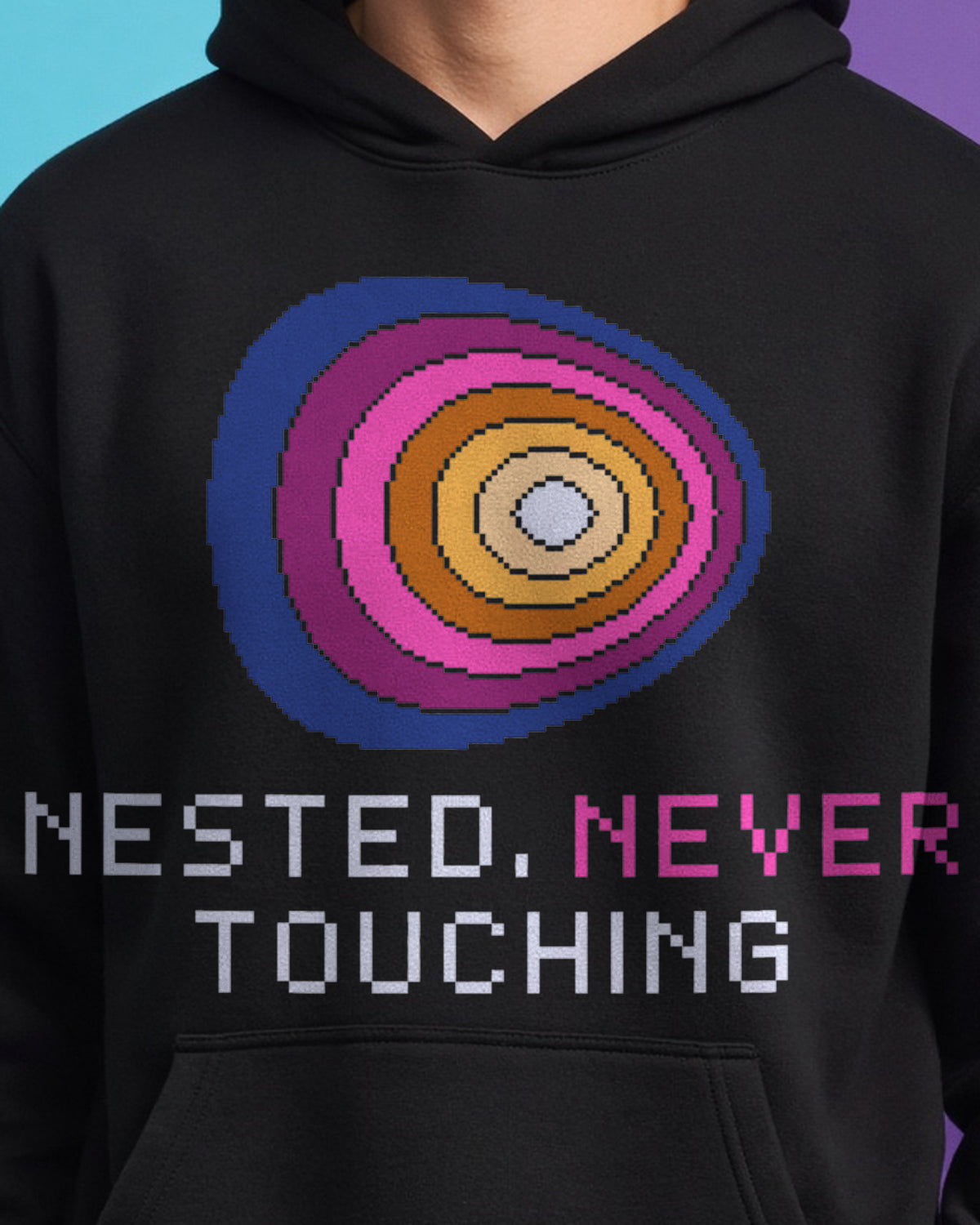 Black Tokamak physics hoodie, pixel-art tokamak magnetic flux surfaces design, worn by a model, front close-up