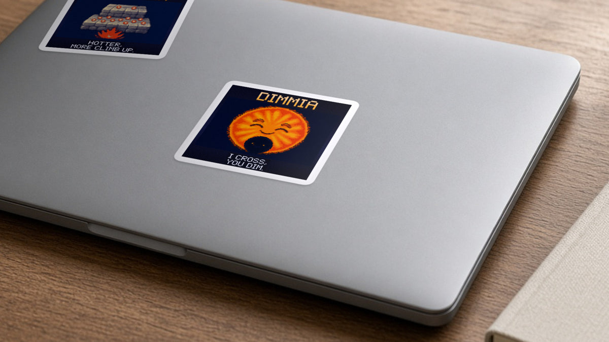 Dimmia pixel-art physics sticker on a laptop