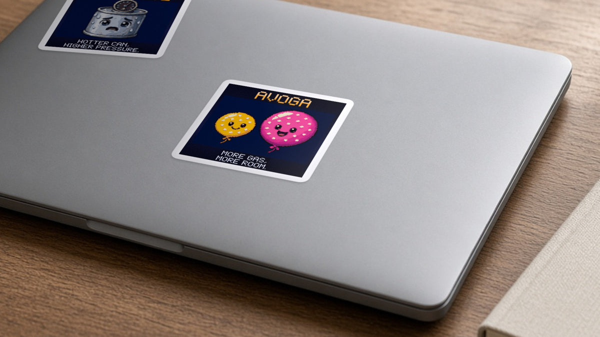Avoga pixel-art physics sticker on a laptop