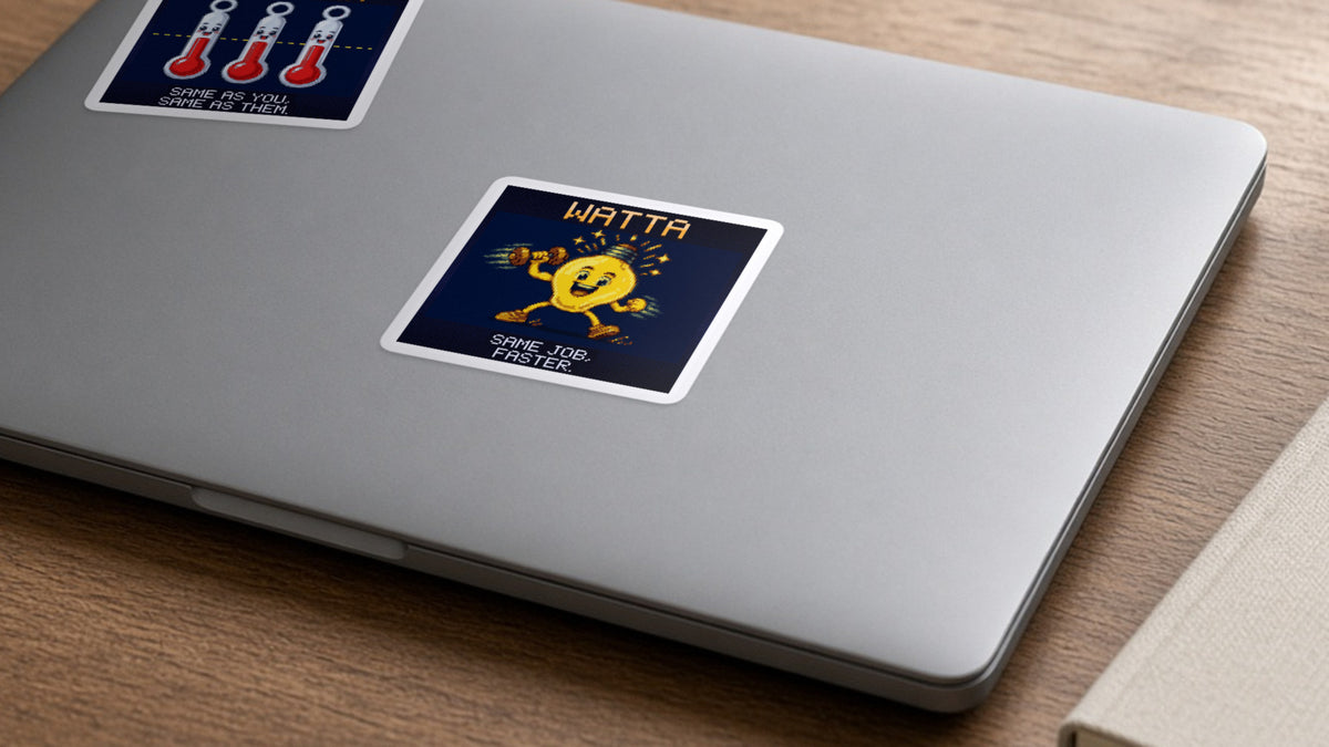 Watta pixel-art physics sticker on a laptop