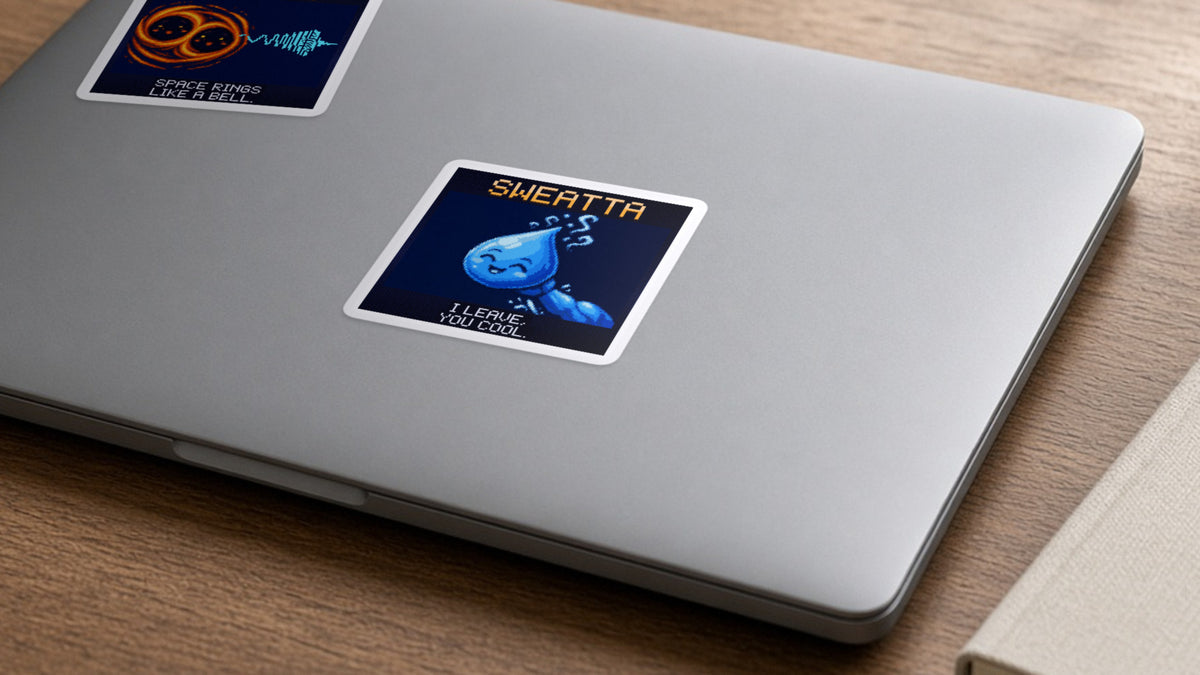 Sweatta pixel-art physics sticker on a laptop