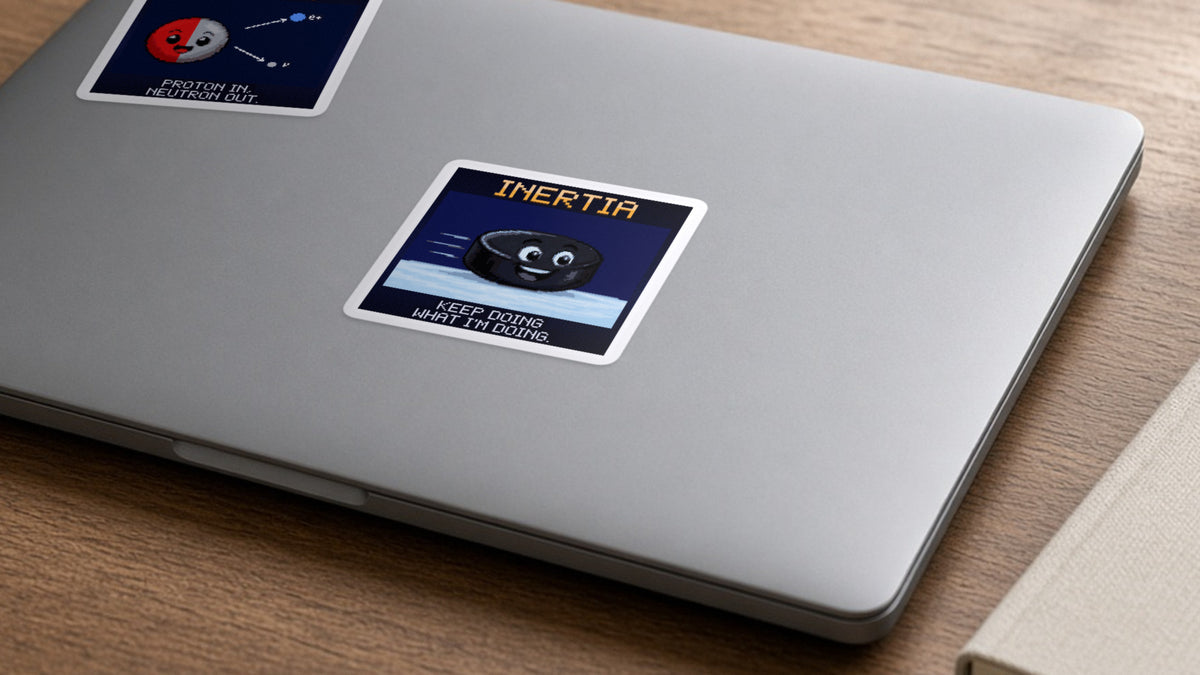 Inertia pixel-art physics sticker on a laptop
