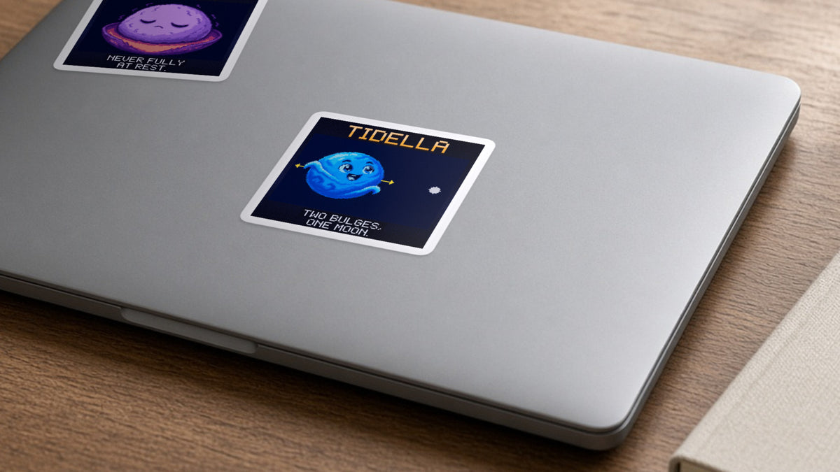 Tidella pixel-art physics sticker on a laptop