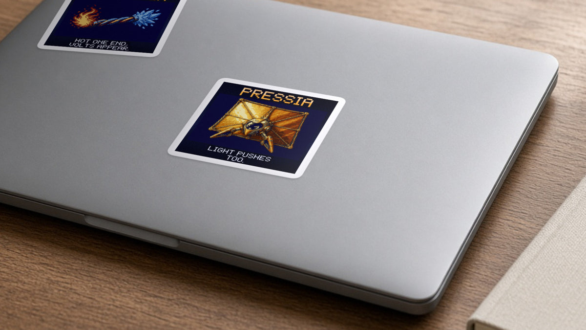 Pressia pixel-art physics sticker on a laptop