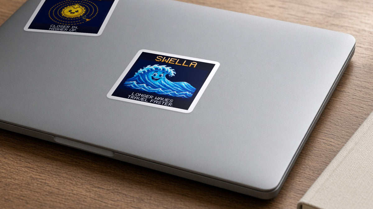 Swella pixel-art physics sticker on a laptop