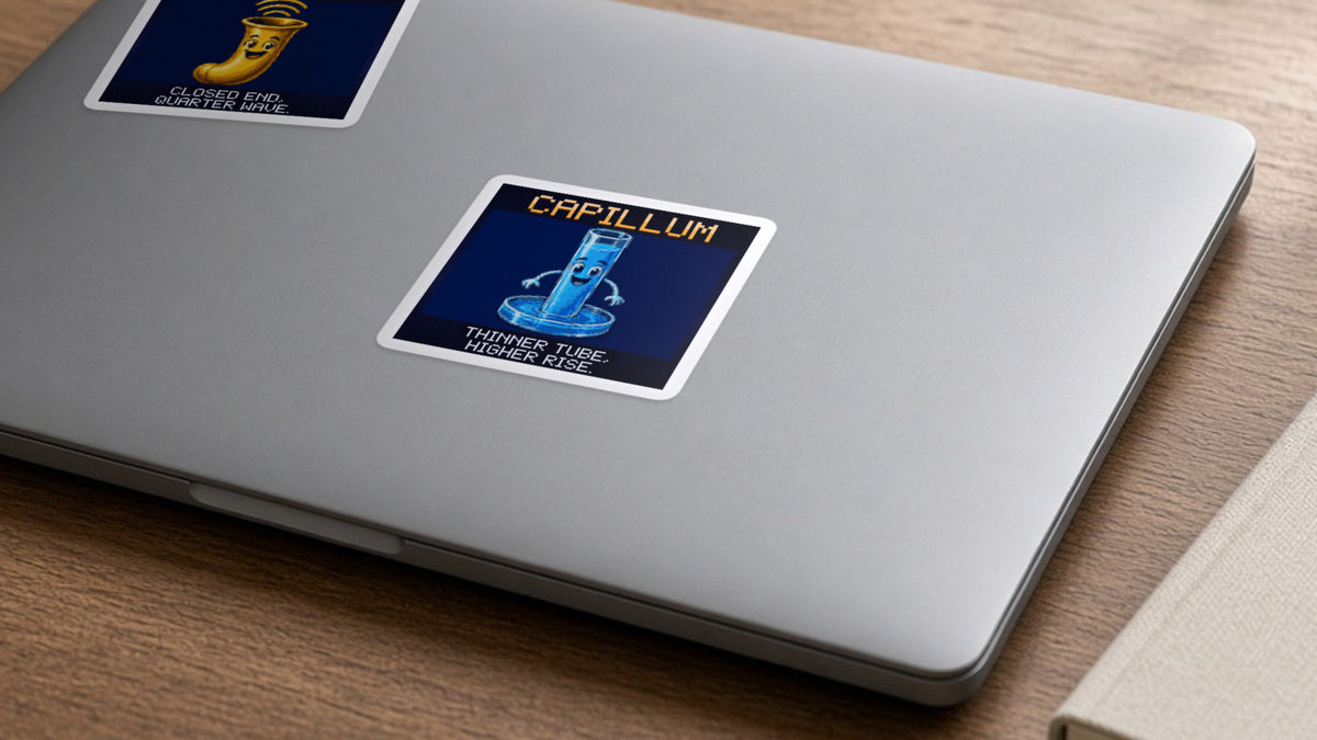 Capillum pixel-art physics sticker on a laptop