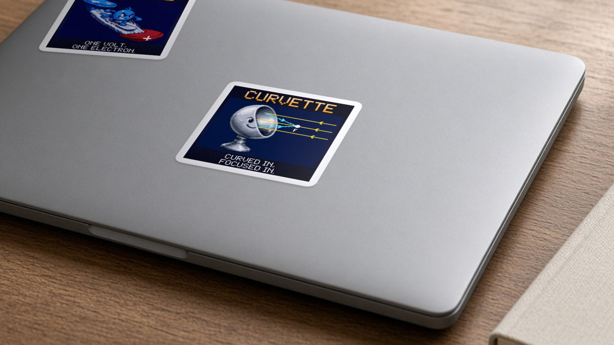 Curvette pixel-art physics sticker on a laptop