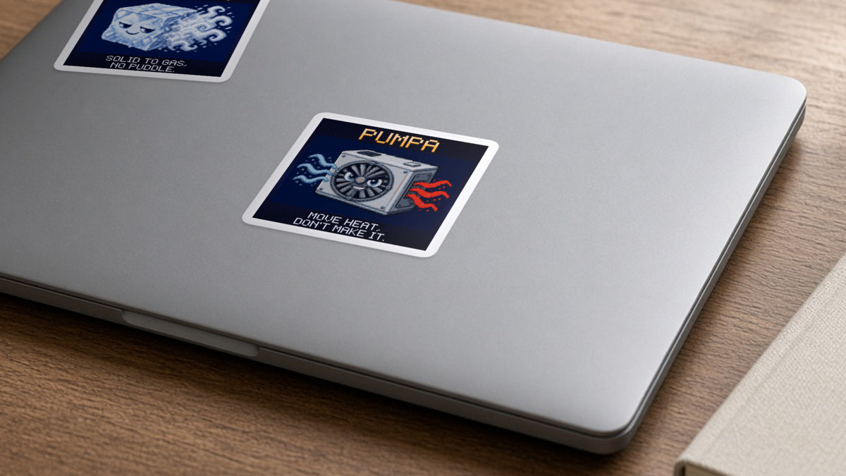 Pumpa pixel-art physics sticker on a laptop