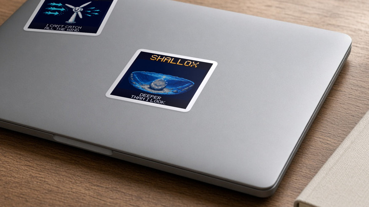 Shallox pixel-art physics sticker on a laptop