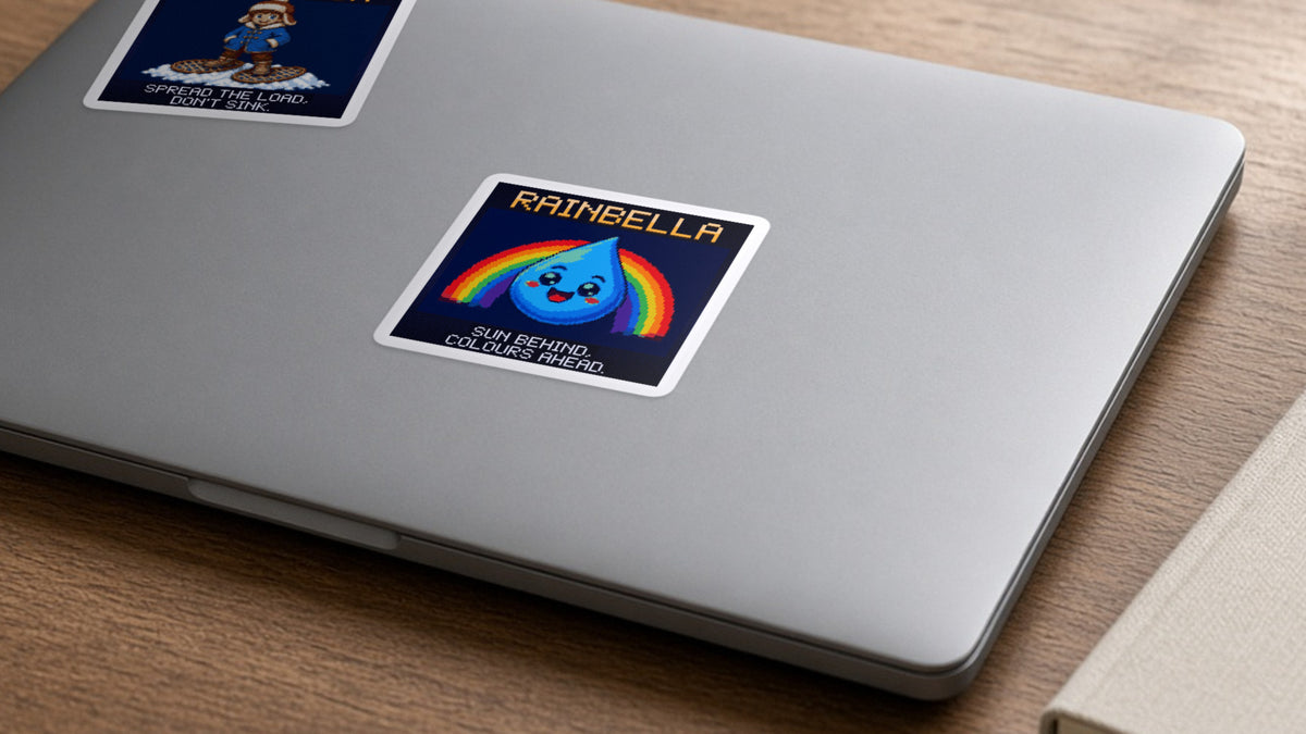 Rainbella pixel-art physics sticker on a laptop