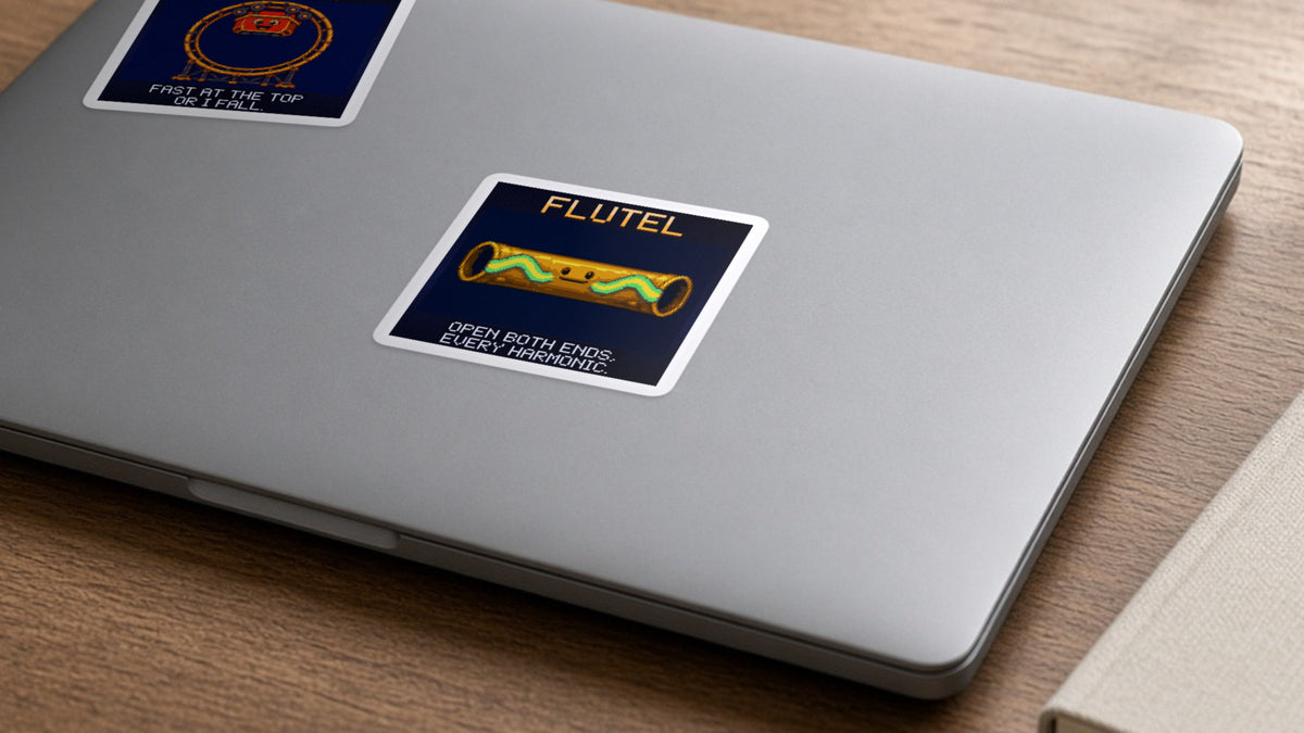 Flutel pixel-art physics sticker on a laptop