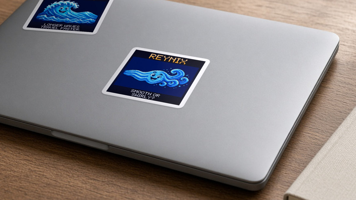 Reynix pixel-art physics sticker on a laptop