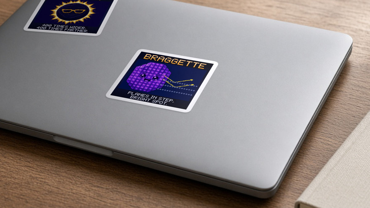 Braggette pixel-art physics sticker on a laptop