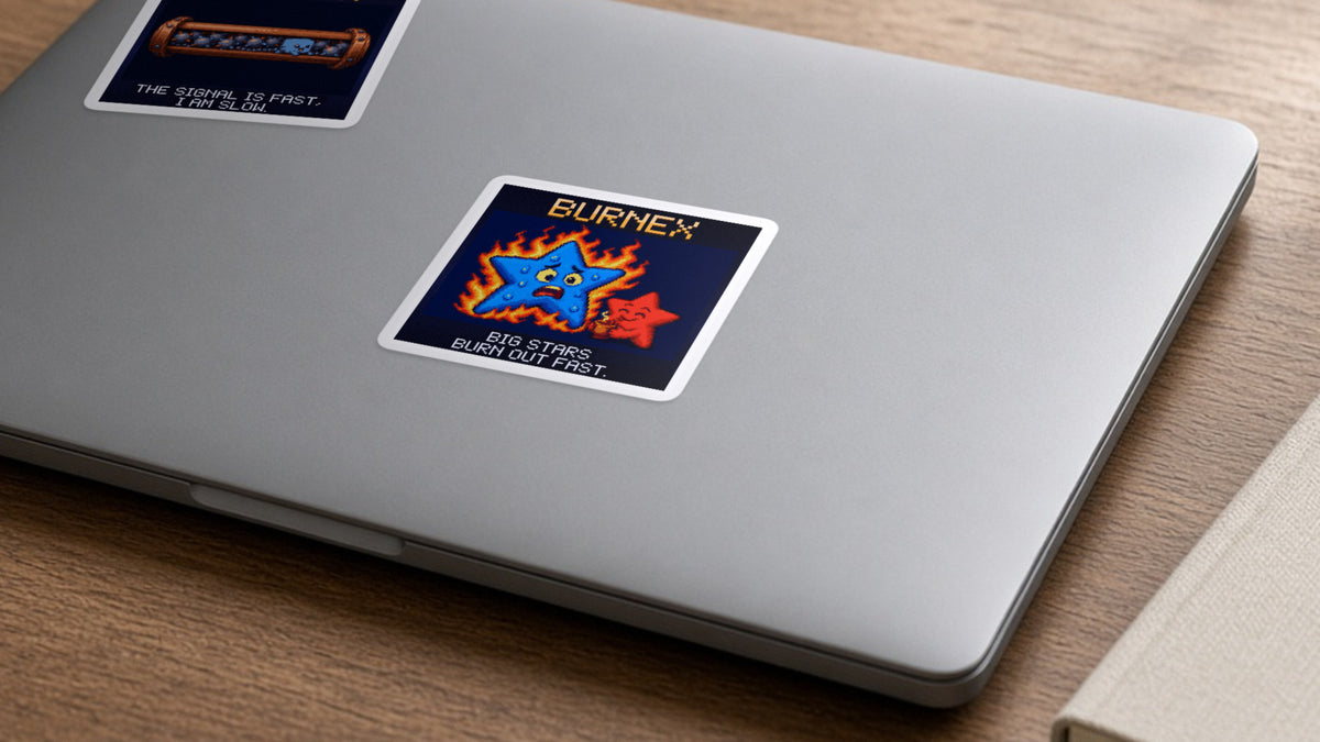 Burnex pixel-art physics sticker on a laptop