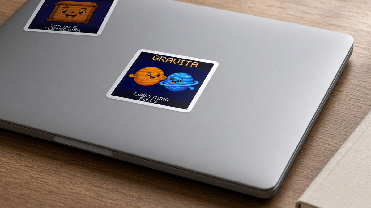 Gravita pixel-art physics sticker on a laptop