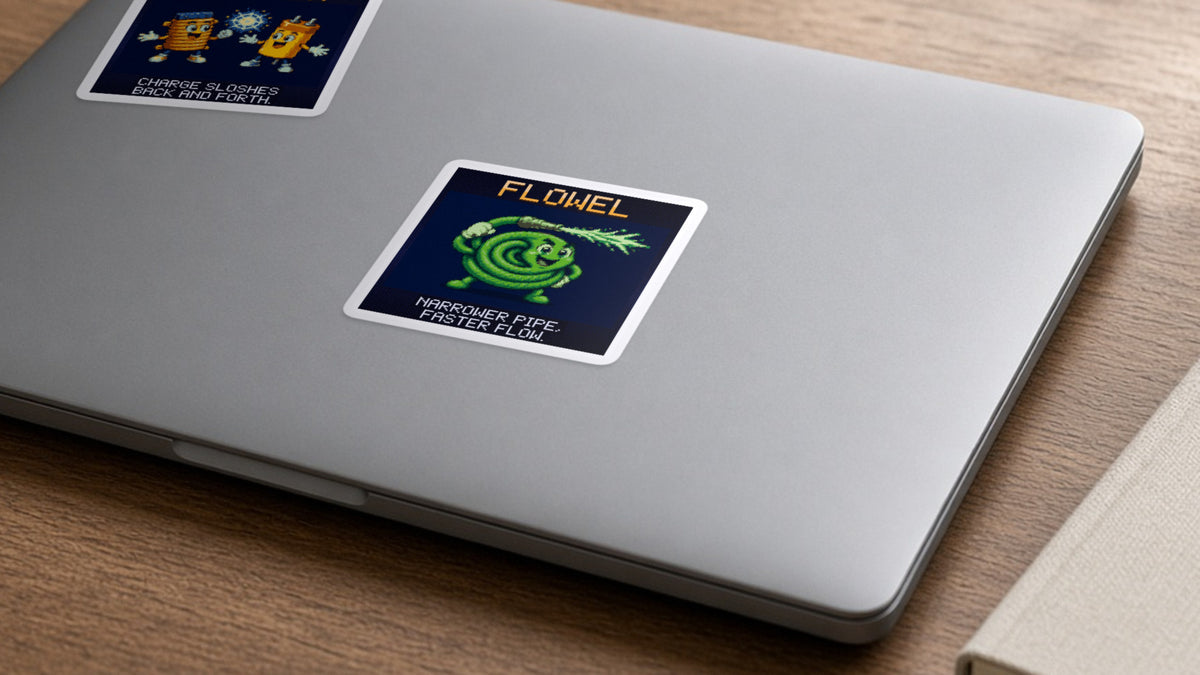 Flowel pixel-art physics sticker on a laptop