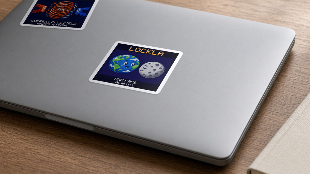 Lockla pixel-art physics sticker on a laptop