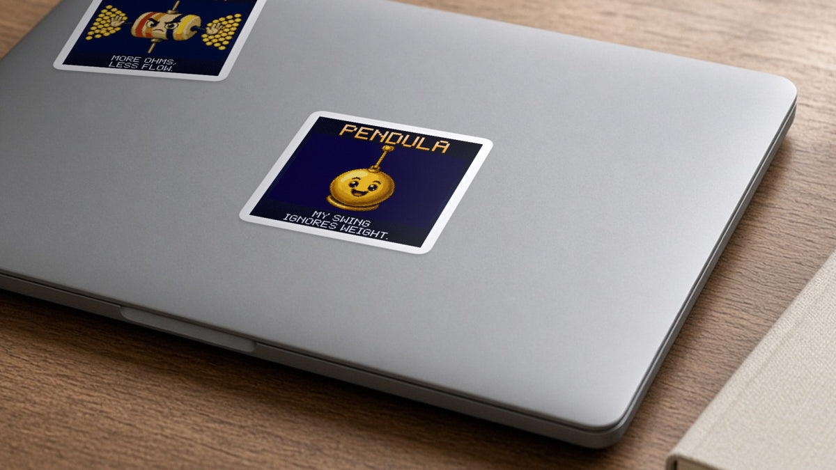 Pendula pixel-art physics sticker on a laptop