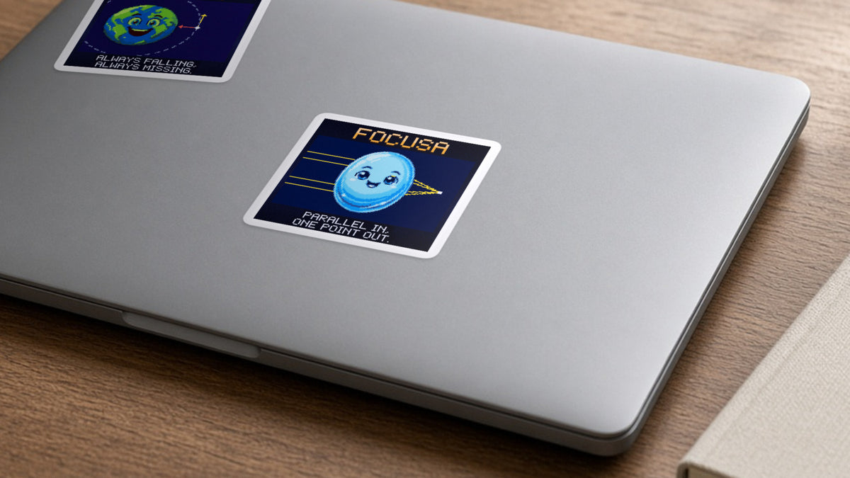 Focusa pixel-art physics sticker on a laptop