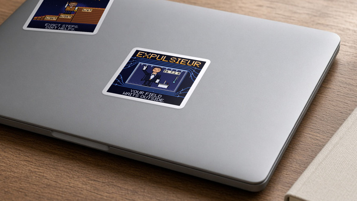 Expulsieur navy pixel-art physics sticker, Meissner effect, on a laptop