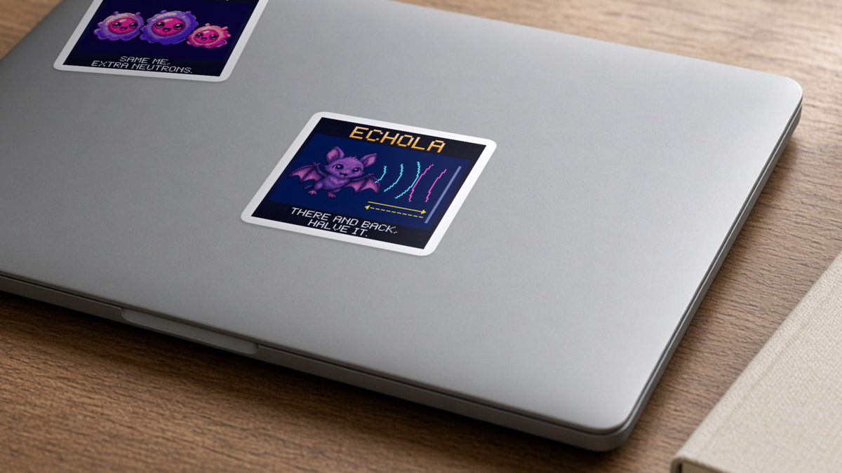 Echola pixel-art physics sticker on a laptop