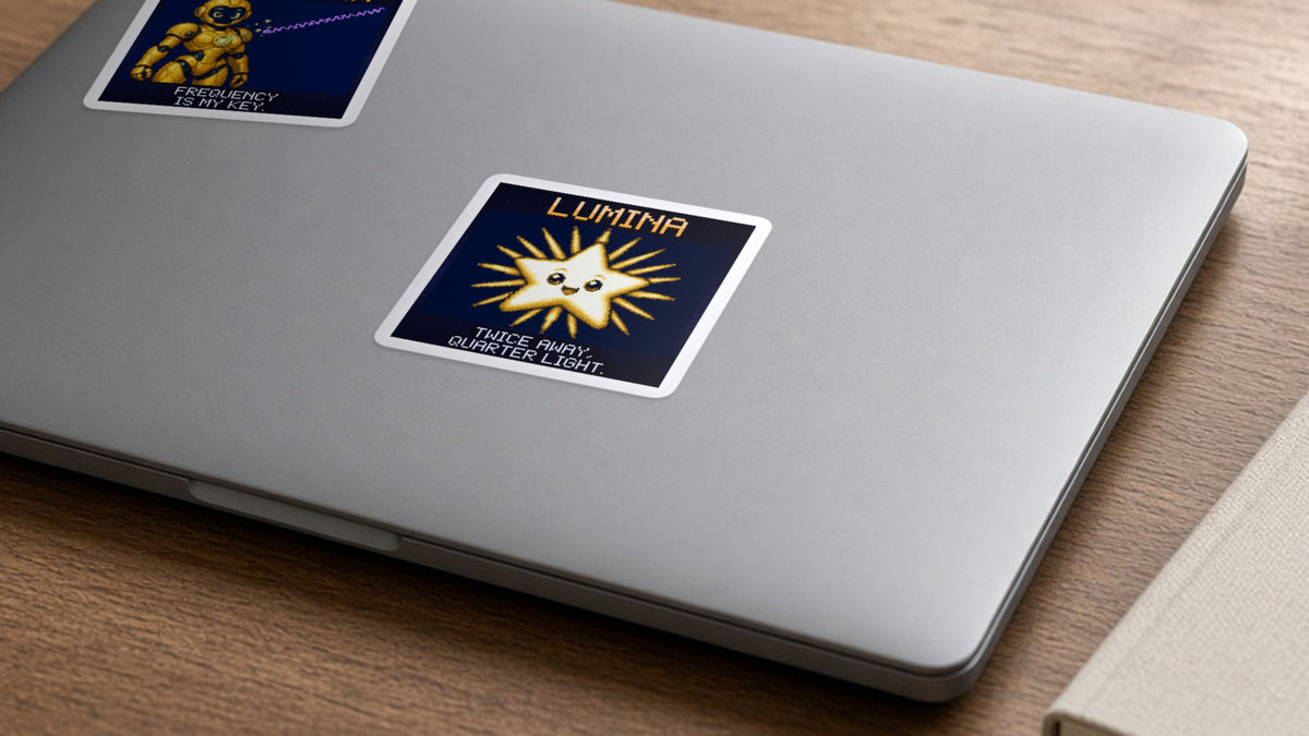 Lumina pixel-art physics sticker on a laptop
