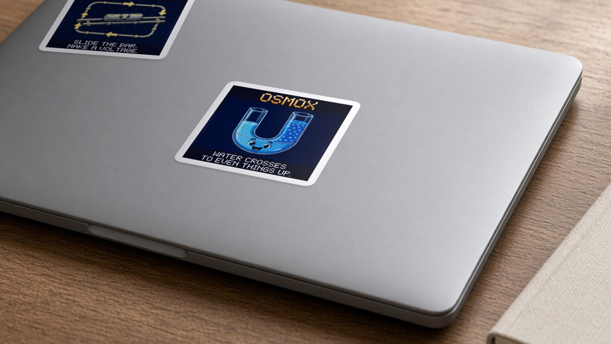 Osmox pixel-art physics sticker on a laptop