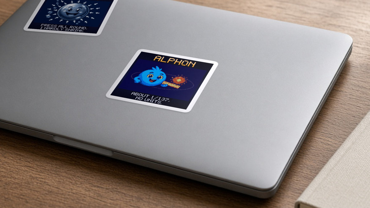 Alphon pixel-art physics sticker on a laptop
