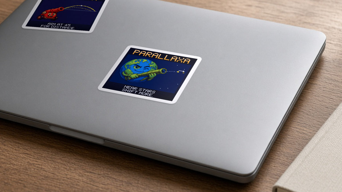 Parallaxa pixel-art physics sticker on a laptop