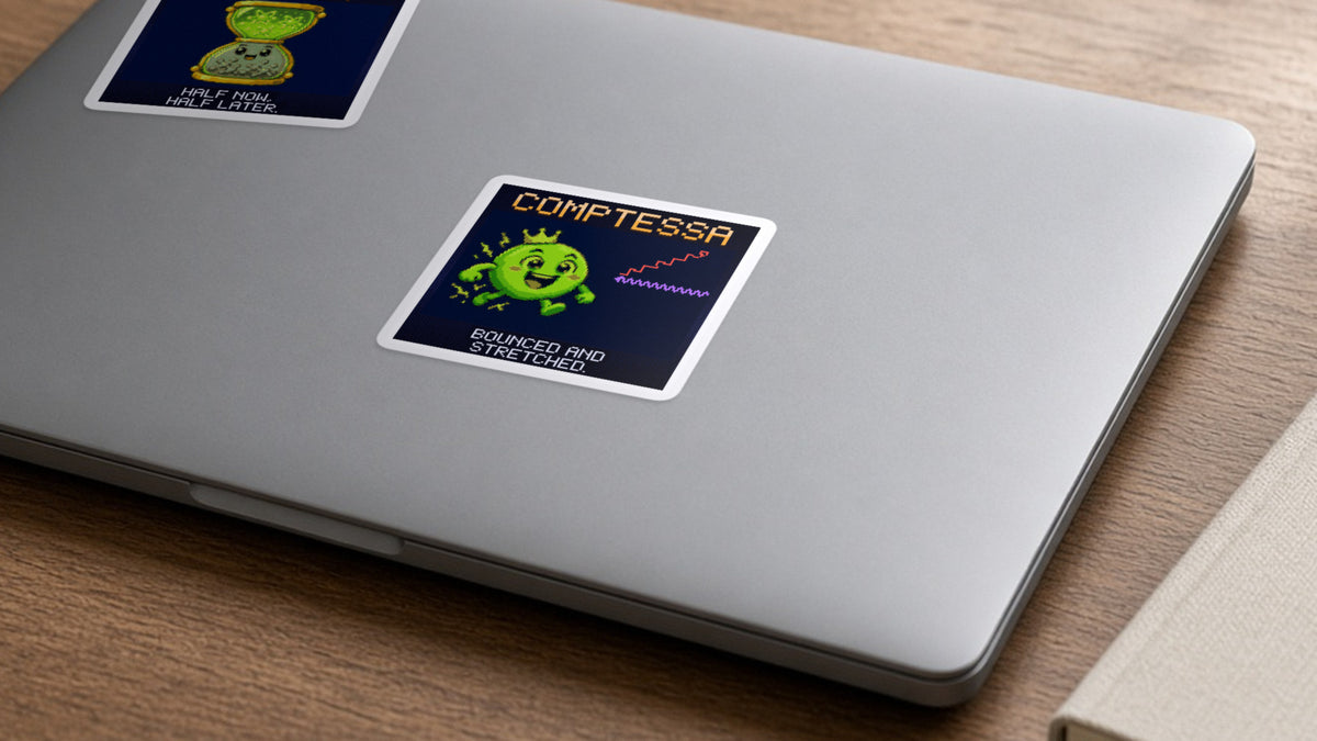 Comptessa pixel-art physics sticker on a laptop