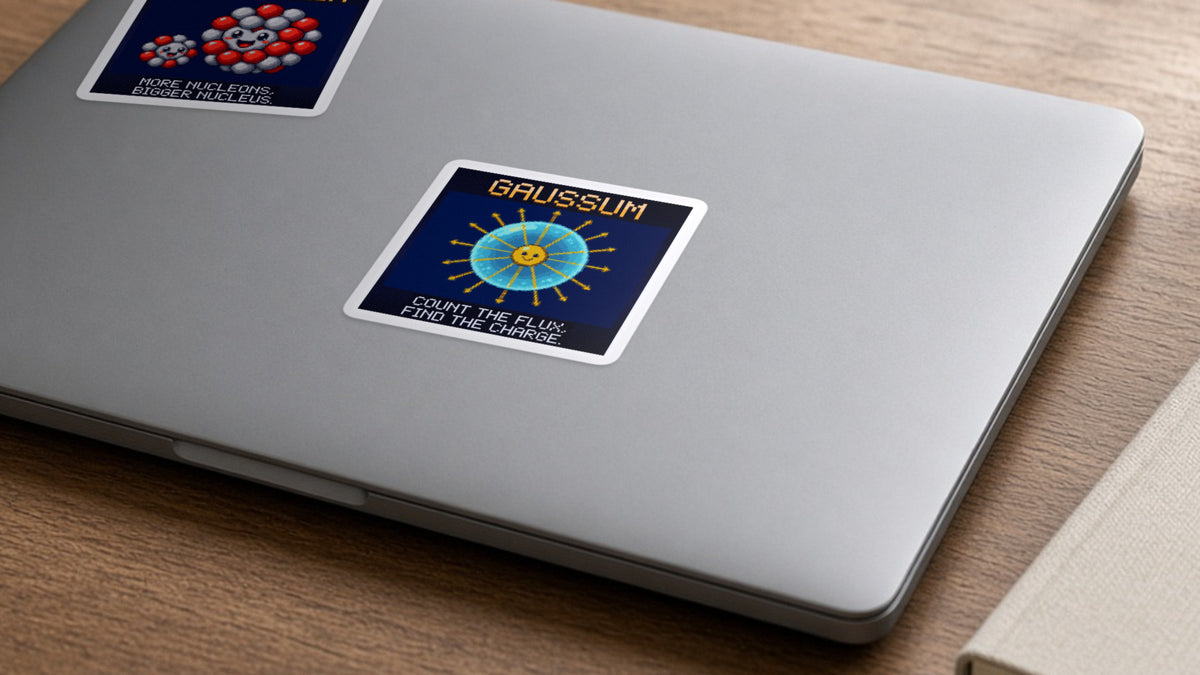 Gaussum pixel-art physics sticker on a laptop