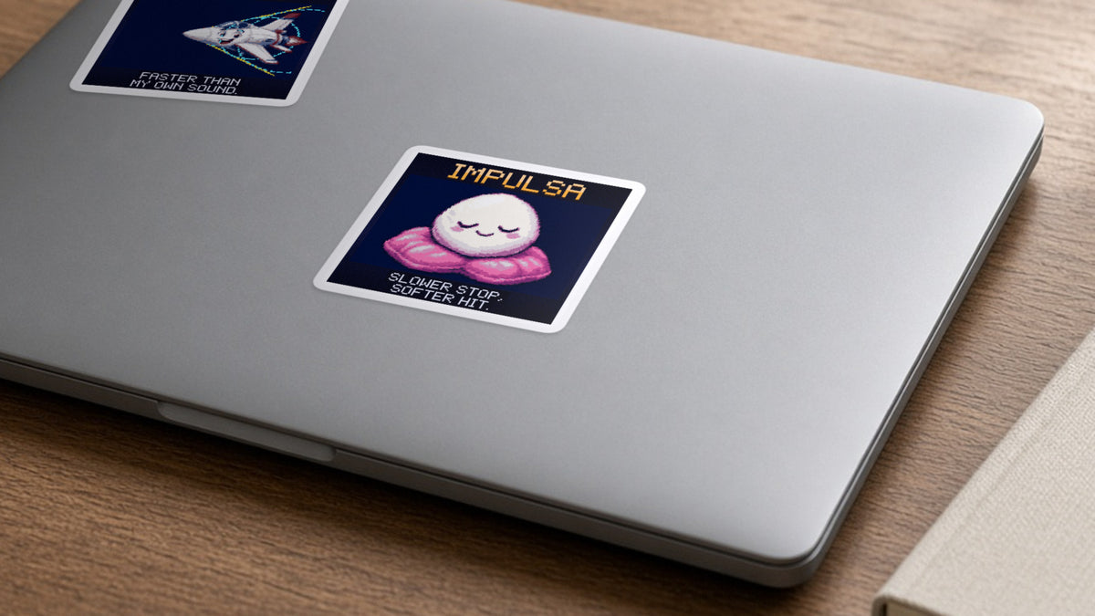 Impulsa pixel-art physics sticker on a laptop