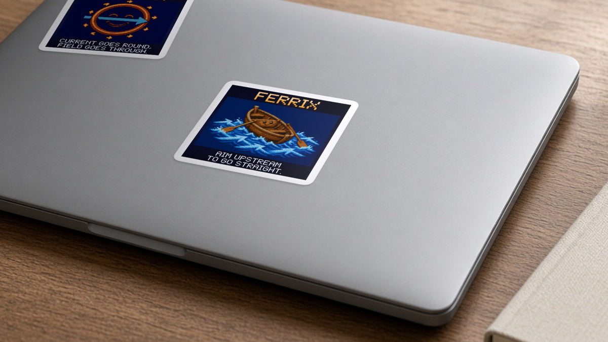 Ferrix pixel-art physics sticker on a laptop