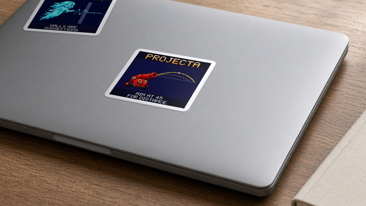 Projecta pixel-art physics sticker on a laptop