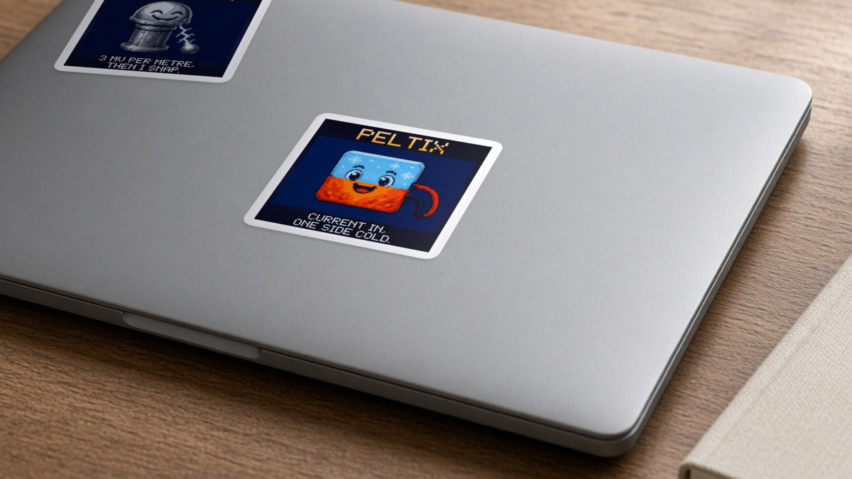Peltix pixel-art physics sticker on a laptop