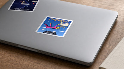 Terminara pixel-art physics sticker on a laptop