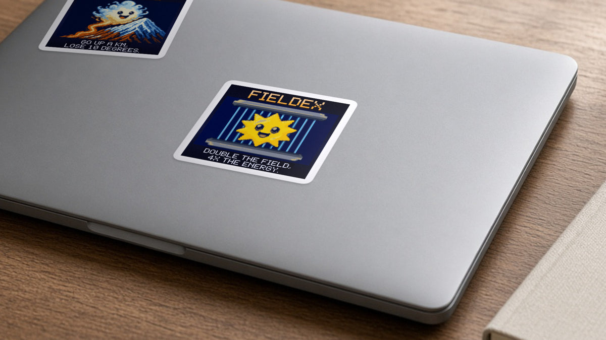 Fieldex pixel-art physics sticker on a laptop