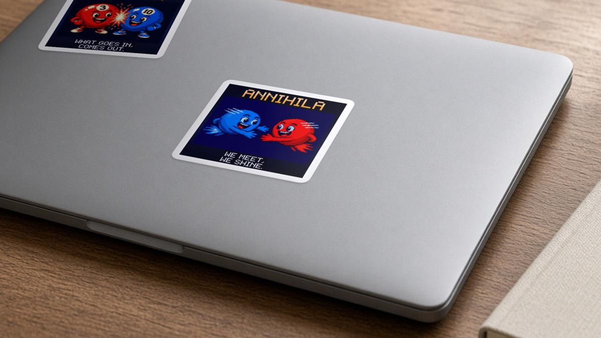 Annihila pixel-art physics sticker on a laptop