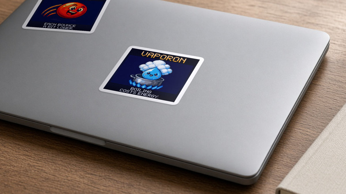 Vaporon pixel-art physics sticker on a laptop